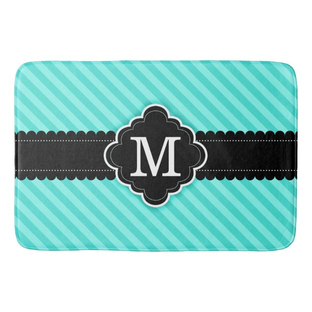 Aqua Blue Stripes Pattern Black Custom Monogram Bathroom Mat (Front)