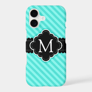 Aqua Blue Stripes Pattern Black Custom Monogram iPhone 17 Case