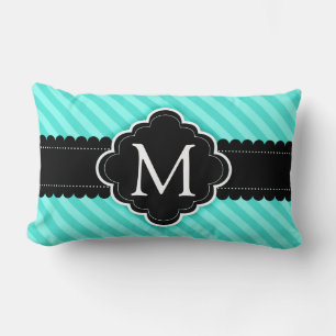 Aqua Blue Stripes Pattern Black Custom Monogram Lumbar Pillow