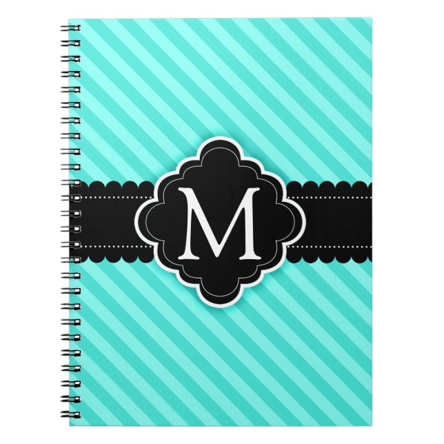 Aqua Blue Stripes Pattern Black Custom Monogram Notebook (Front)