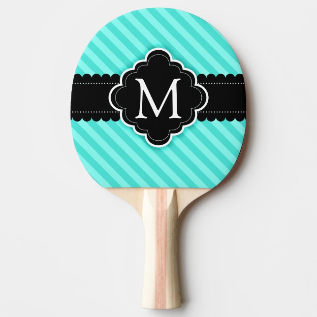 Aqua Blue Stripes Pattern Black Custom Monogram Ping-Pong Paddle (Front)