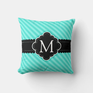 Aqua Blue Stripes Pattern Black Custom Monogram Throw Pillow