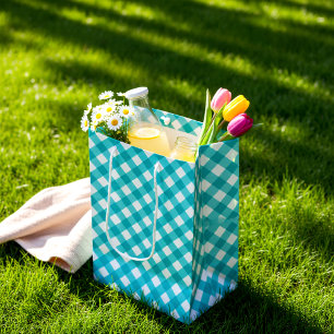 Aqua Blue Summer Plaid – Modern Tartan Medium Gift Bag