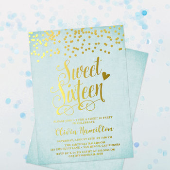 Aqua Blue Sweet 16 Gold Confetti Foil Invitation by TheSpottedOlive at Zazzle