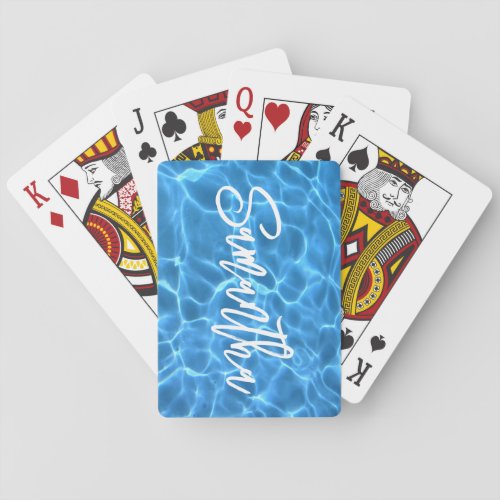 Aqua Blue Swimming Pool Brush Script Personalized Playing Cards