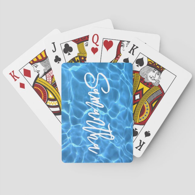 Aqua Blue Swimming Pool Brush Script Personalized Poker Cards (Back)