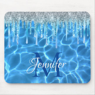 Aqua Blue Swimming Pool Glitter Drip Monogram Mouse Pad