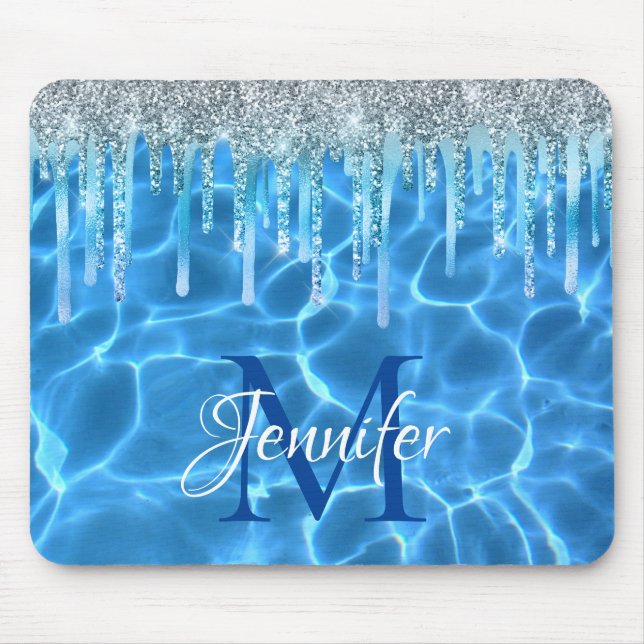 Aqua Blue Swimming Pool Glitter Drip Monogram Mouse Pad (Front)