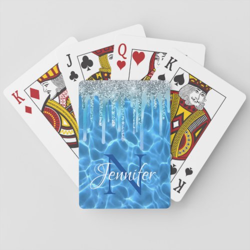 Aqua Blue Swimming Pool Glitter Drip Monogram Poker Cards