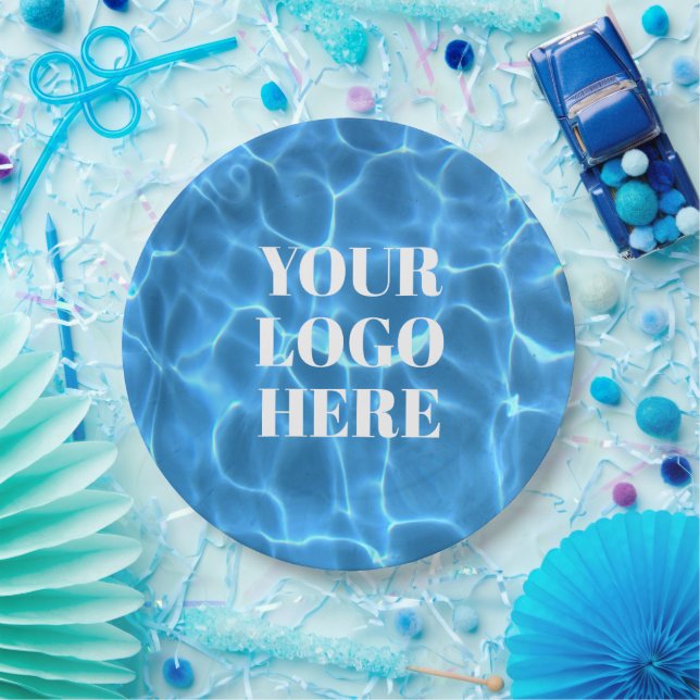 Aqua Blue Swimming Pool Photo Logo Paper Plates (Party)
