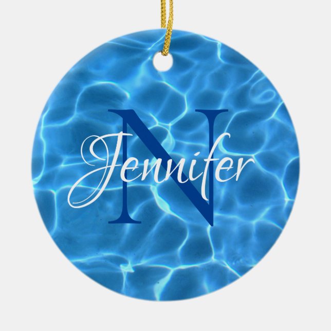 Aqua Blue Swimming Pool Photo Monogram Ceramic Ornament (Front)