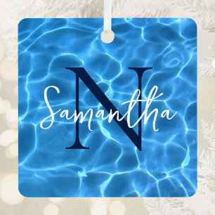 Aqua Blue Swimming Pool Photo Monogrammed Metal Ornament
