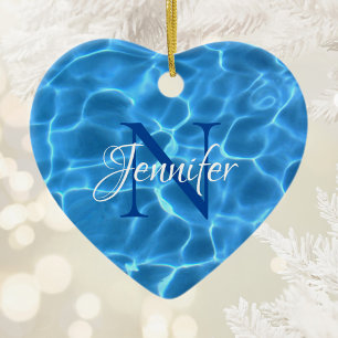 Aqua Blue Swimming Pool Water Photo Monogrammed Ceramic Ornament