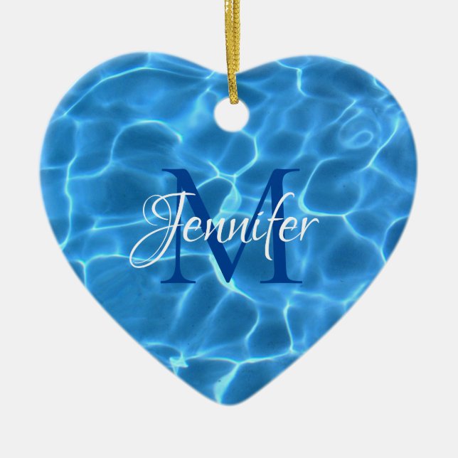 Aqua Blue Swimming Pool Water Photo Monogrammed Ceramic Ornament (Front)