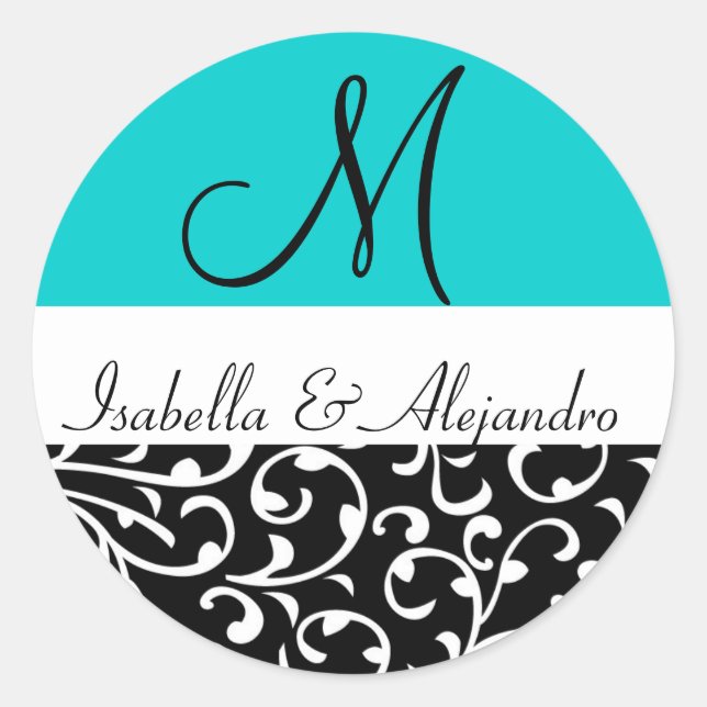 Aqua Blue Swirl Damask Monogram Wedding Stickers (Front)
