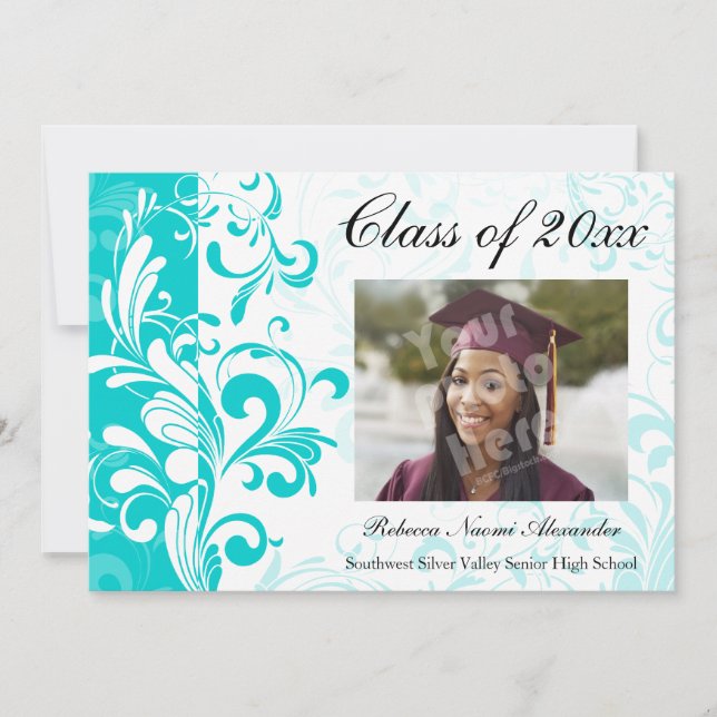 Aqua Blue Swirl Photo Graduation Announcement (Front)
