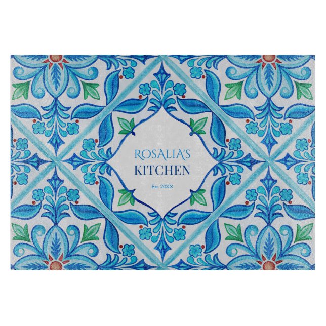 Aqua Blue Talavera gifts monogrammed customized Cutting Board (Front)