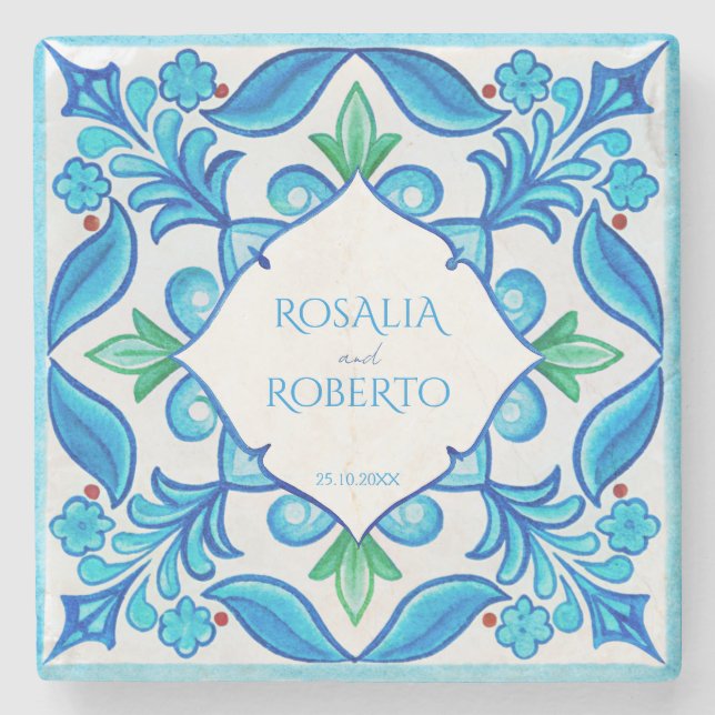 Aqua Blue Talavera tiles monogrammed wedding favor Stone Coaster (Front)
