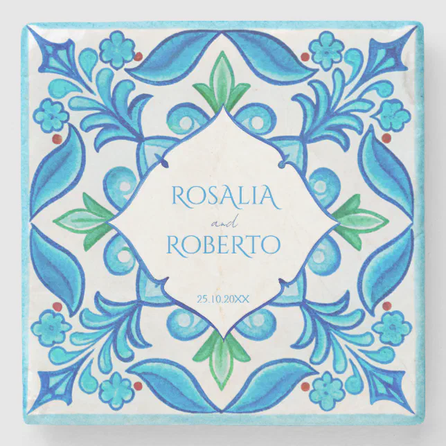 Monogram Tile Coasters Aqua Blue Talavera tiles monogrammed wedding favor Stone Coaster | Zazzle