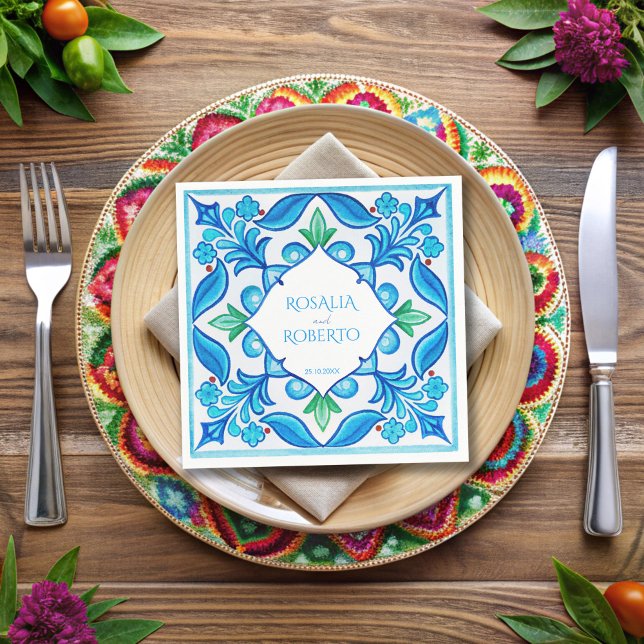 Aqua Blue Talavera tiles monogrammed wedding Napkins (Aqua Blue Talavera tiles monogrammed wedding Napkins template vintage Mexican wedding table decor)