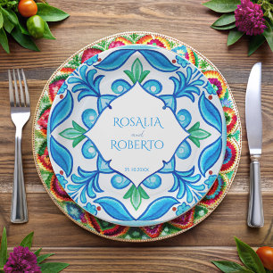 Aqua Blue Talavera tiles monogrammed wedding Paper Plates