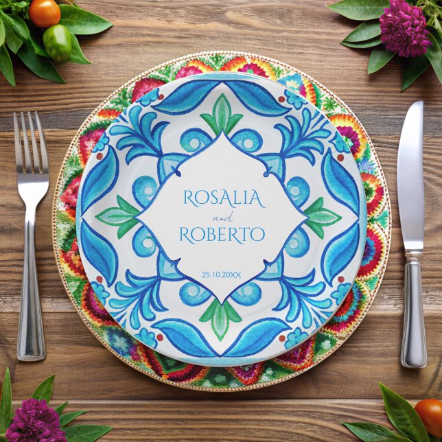 Aqua Blue Talavera tiles monogrammed wedding Paper Plates (Aqua Blue Talavera tiles monogrammed customized Paper Plates vintage Mexican wedding printed plates)