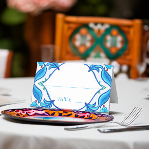 Aqua Blue Talavera tiles monogrammed wedding Place Card