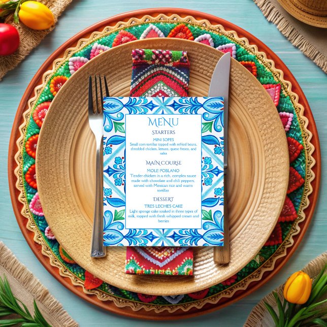 Aqua Blue Talavera tiles wedding menu (Aqua Blue Talavera tiles vintage Mexican wedding menu cards personalized wedding reception decor)