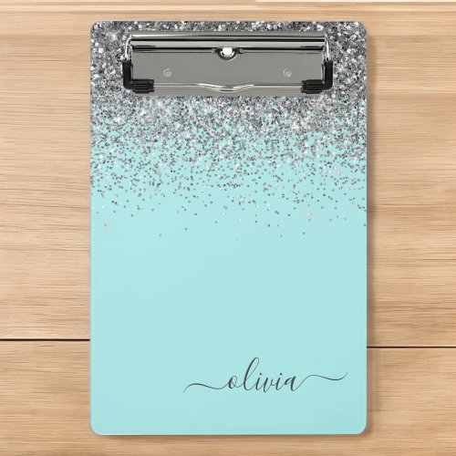 Aqua Blue _ Teal and Silver Glitter Monogram Mini Clipboard