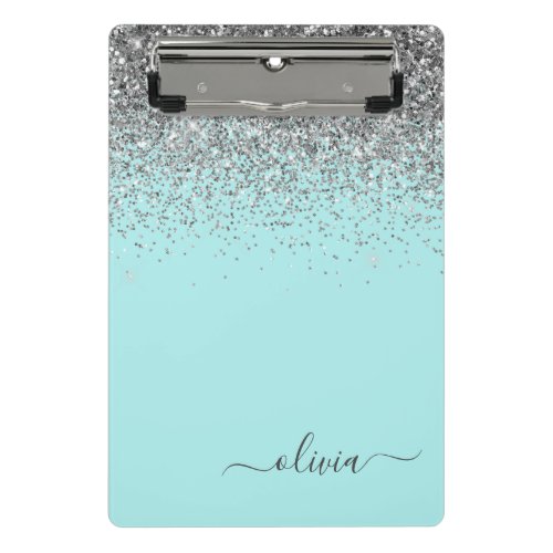 Aqua Blue _ Teal and Silver Glitter Monogram Mini Clipboard