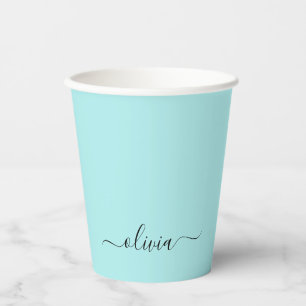 Aqua Blue Teal Black Monogram Paper Cups