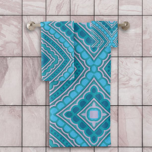 Aqua Blue Teal Boho Geometric Moroccan Pattern Bath Towel Set