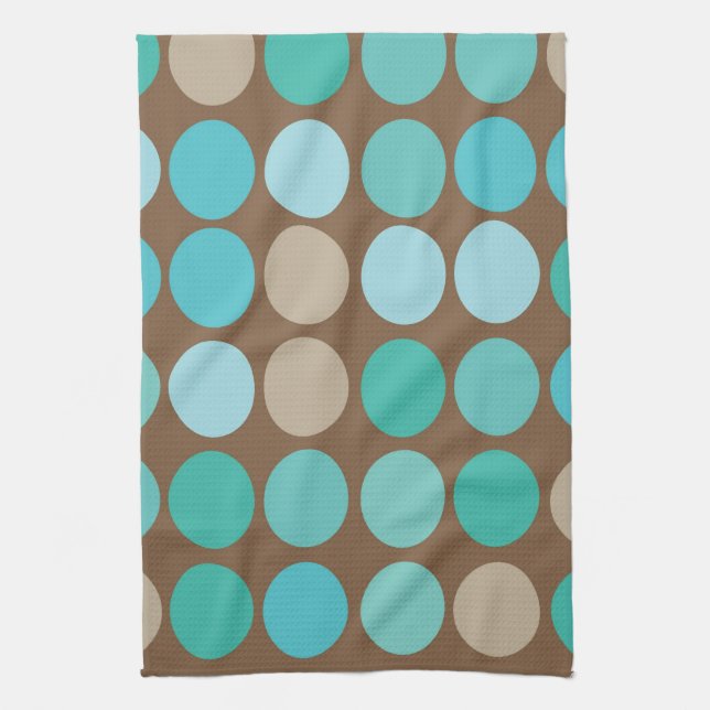 Aqua Blue Teal & Brown Dots Modern Pattern Kitchen Towel (Vertical)