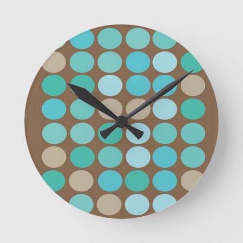 Aqua Blue Teal  Brown Dots Pattern Modern Round Clock