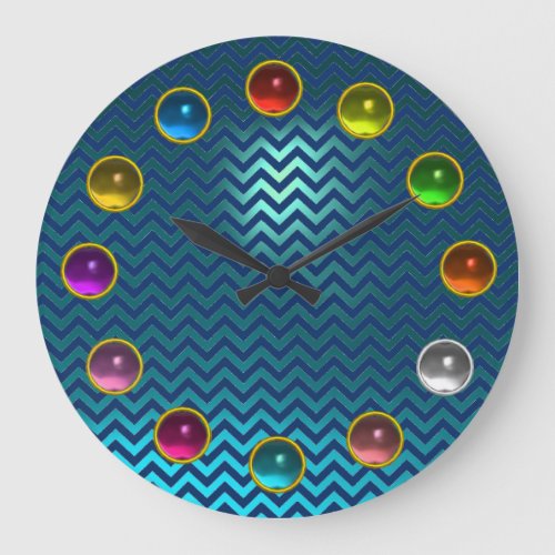 AQUA BLUE TEAL CHEVRON AND COLORFUL 3D GEM STONES LARGE CLOCK