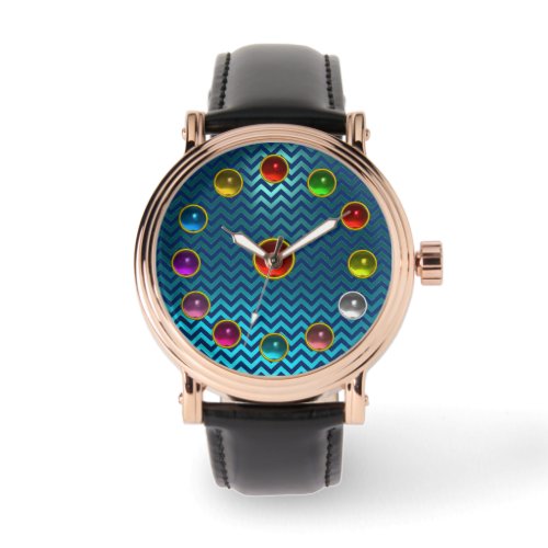 AQUA BLUE TEAL CHEVRONS AND 3D COLORFUL GEMSTONES WATCH