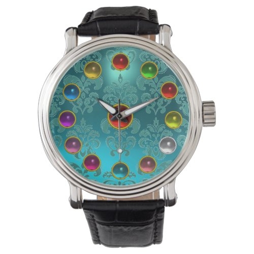 AQUA BLUE TEAL DAMASK AND 3D COLORFUL GEMSTONES WATCH