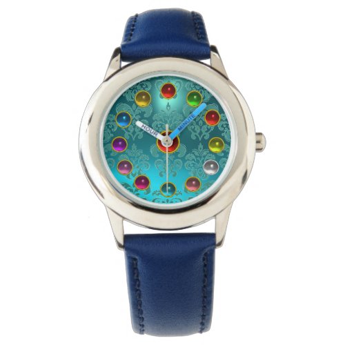 AQUA BLUE TEAL DAMASK AND 3D COLORFUL GEMSTONES WATCH