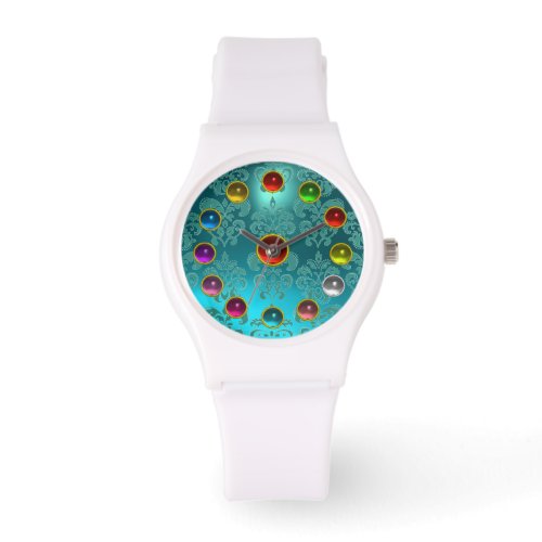 AQUA BLUE TEAL DAMASK AND 3D COLORFUL GEMSTONES WATCH