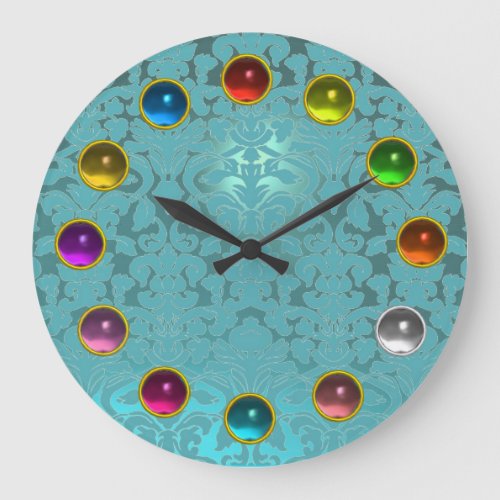 AQUA BLUE TEAL DAMASK AND COLORFUL 3D GEM STONES LARGE CLOCK