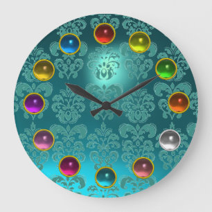 AQUA BLUE TEAL DAMASK AND COLORFUL 3D GEM STONES LARGE CLOCK