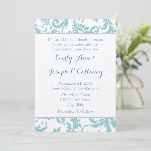 Aqua Blue Teal Floral Damask Wedding Invitation (Standing Front)