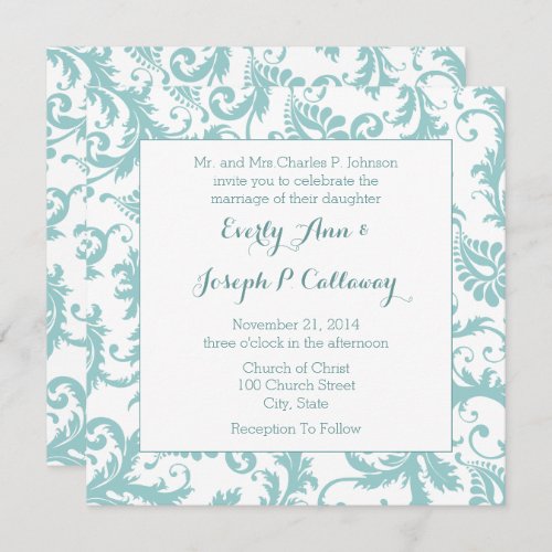 Aqua Blue Teal Floral Damask Wedding Invitation