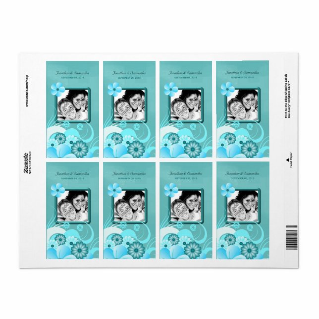 Aqua Blue Teal Floral Wedding Photo Favor Wine Label (Full Sheet)