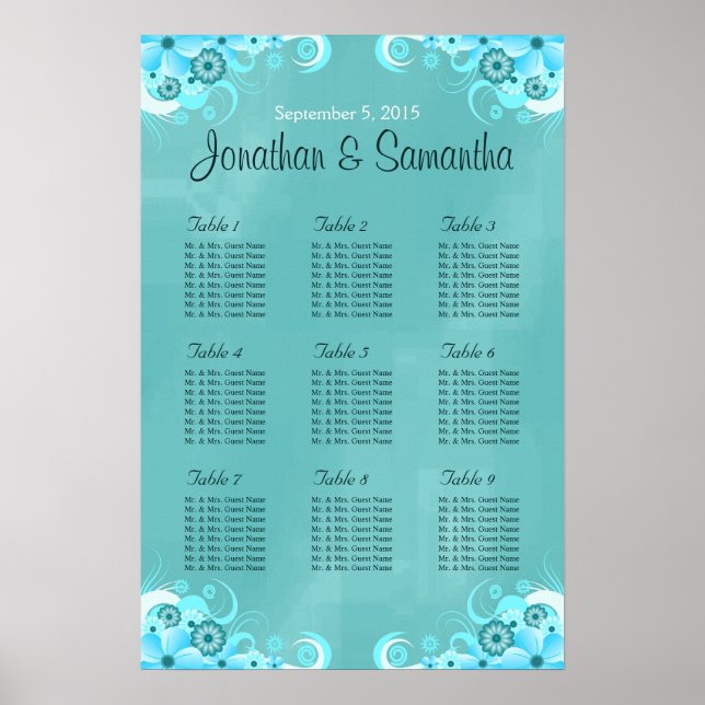 Aqua Blue Teal Floral Wedding Table Seating Charts (Front)