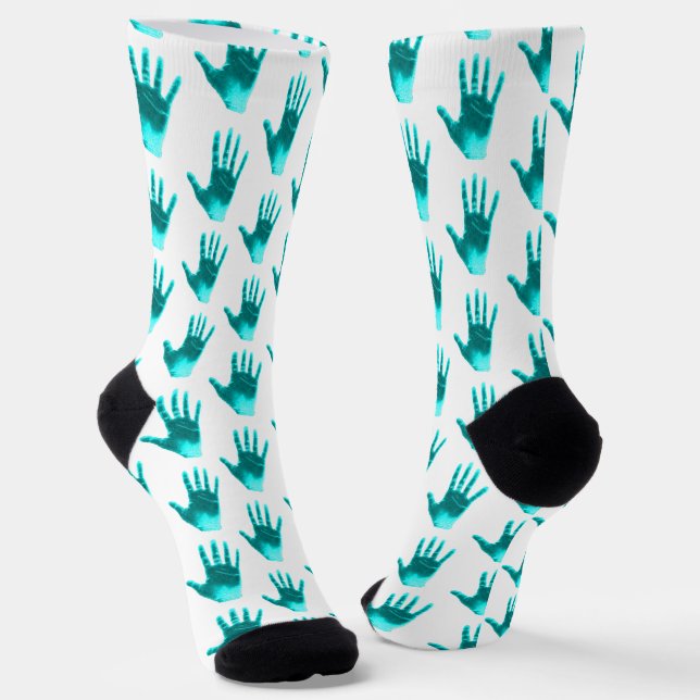 Aqua Blue Teal Fun Hand Pattern Socks (Angled)