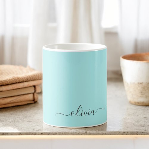 Aqua Blue Teal Girly Script Monogram Name Modern Coffee Mug