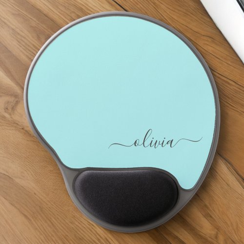 Aqua Blue Teal Girly Script Monogram Name Modern Gel Mouse Pad