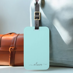 Aqua Blue Teal Girly Script Monogram Name Modern Luggage Tag