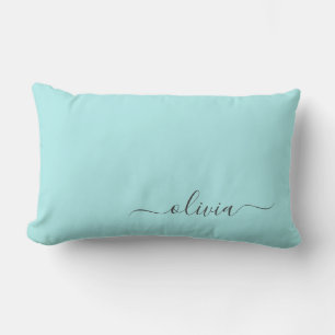 Aqua Blue Teal Girly Script Monogram Name Modern Lumbar Pillow